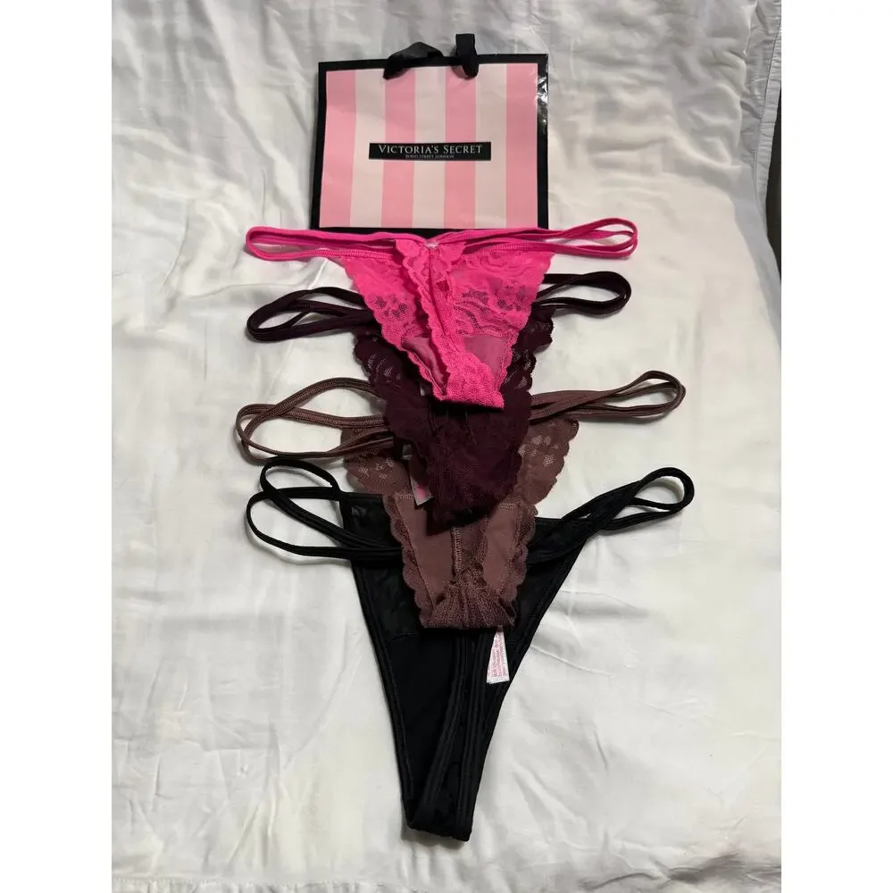 NWOT - Victoria’s Secret PINK Double Strap Cotton & Lace Thongs Size S